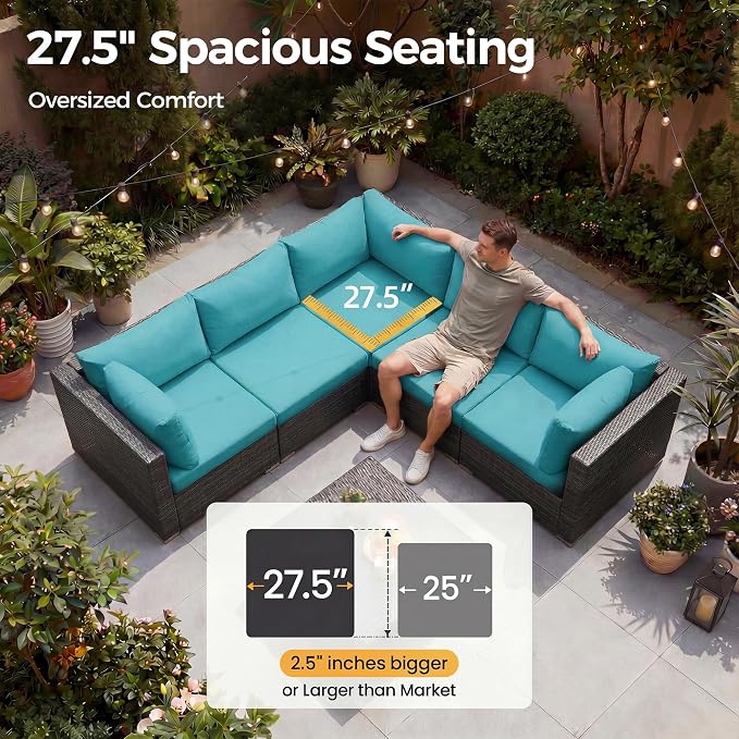 NICESOUL 15 Piece Patio Furniture Set with Fire Pit, Oversized Large Outdoor Sectional with Fire Pit, 500 lbs High Weight Capacity Wicker Deck Seating for 12, Gray & Teal