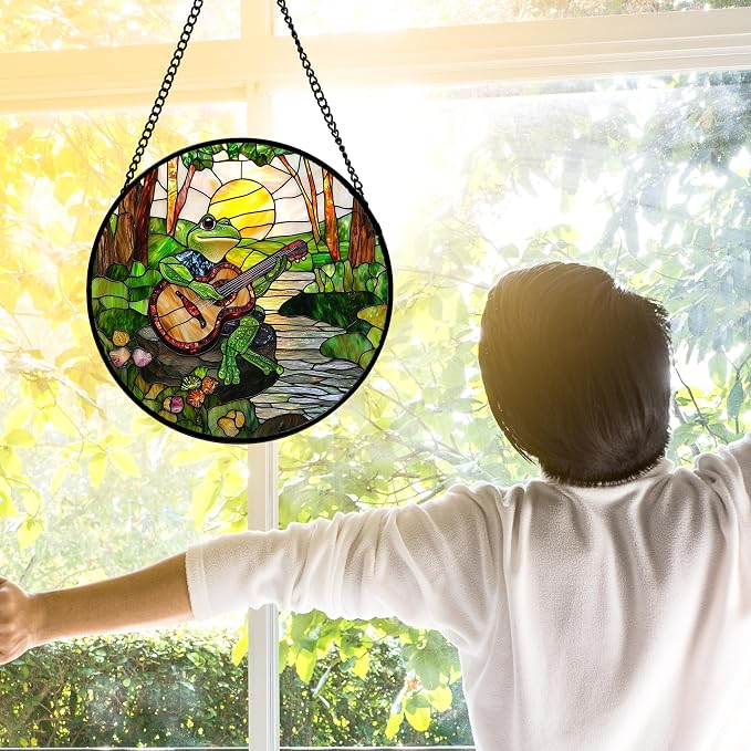 DASTOLL Stained Glass Window Hanging, Frog Playing Guitar Suncatcher Diamond Glass Panel Funny Sun Catchers Decor for Birthday for Women, Men, Wife, Aunt, and Mom 6.3 in