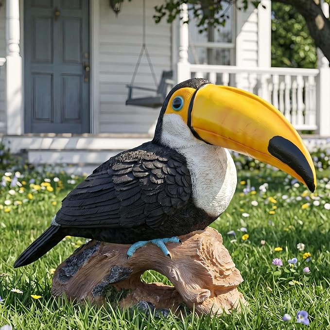 14.2" Real Toucan Statue,Colorful Outdoor Bird Decor Sculpture - Bird Outdoor Animal Ornament, Tropical Tiki Bar Decor, Waterproof & Weather-Resistant, Perfect for Garden, Patio, Yard (Red)