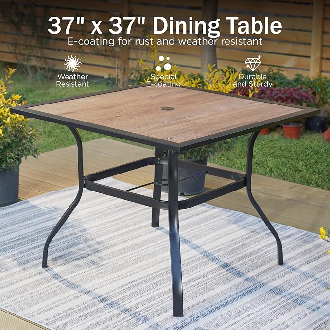 PHI VILLA 5 Pcs Patio Dining Set for 4, 37" Square Wood-Like Table | 37" Square Metal Table with Polywood Top & Stacking Wrought Iron Chairs, Outside Furniture for Patio, Deck, Yard, Porch