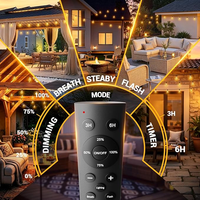 100FT Outdoor String Lights with Remote, Waterproof Patio Lights with 35+1 Shatterproof LED Bulbs,Dimmable Hanging Decor for Backyard Garden Porch Bistro, Timer & 3 Modes,2700K Warm White