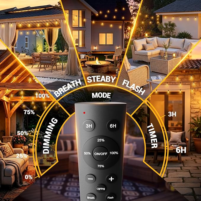 100FT Outdoor String Lights with Remote, Waterproof Patio Lights with 35+1 Shatterproof LED Bulbs,Dimmable Hanging Decor for Backyard Garden Porch Bistro, Timer & 3 Modes,2200K Warm White