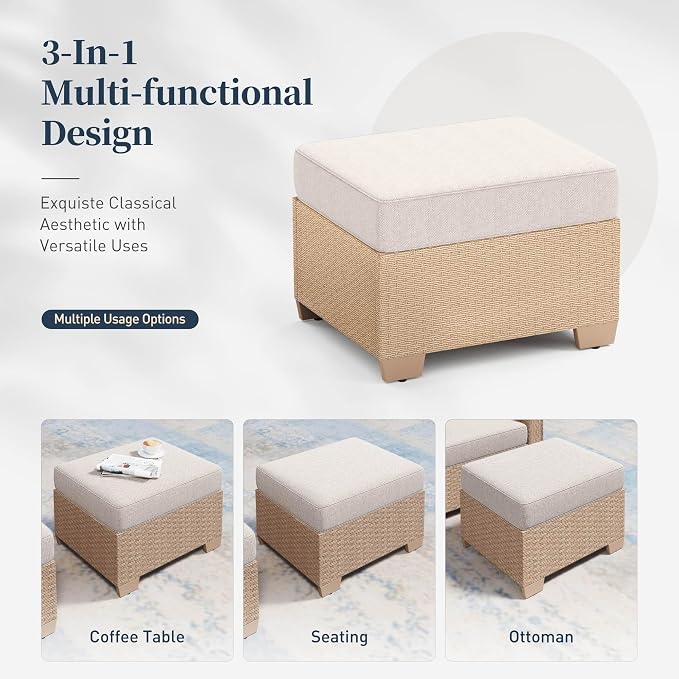Patio Furniture Set 6 pcs, Wicker Rattan Sofa with 5.5” Thick Waterproof Cushions, 2 Chairs, 2 Ottomans and Coffee Table, All Weather Outdoor Conversation Set for Backyard Deck, 7 Seats Beige