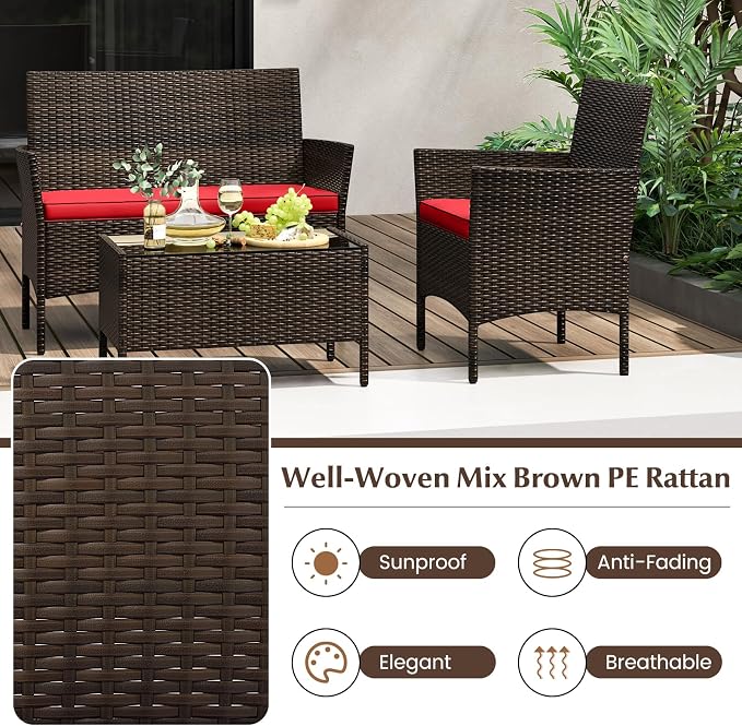 4 Piece Patio Furniture Set, Sectional Conversation Sofa Set with Glass Coffee Table, Cushions & Loveseat, Wicker Outdoor Table and Chairs for Pool, Garden, Deck, Backyard (1, Red)