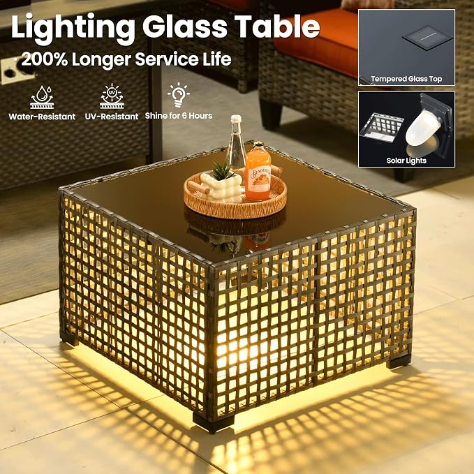 ovios 9 Pieces Patio Furniture Set, Outdoor Wicker Sofa Couch with Swivel Glider Chairs Solar Lights Table, Modern Deep Seat Rattan Conversation Sets for Deck Porch, Orange Red