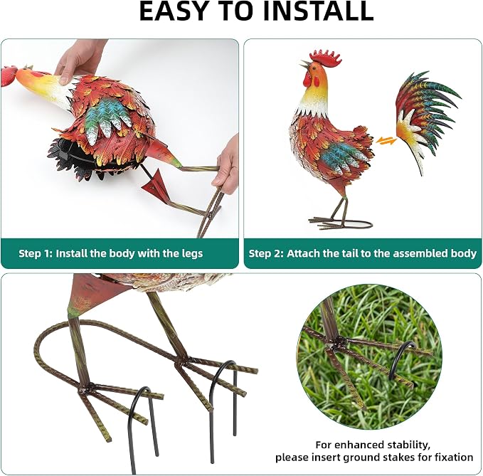 Metal Rooster Yard Decor, 21" Outdoor Garden Statues for Patio | Durable Metal with Hand-Painted Finish, Farmhouse Rooster Chicken Decor for Yard, Garden, Patio, Porch & Kitchen