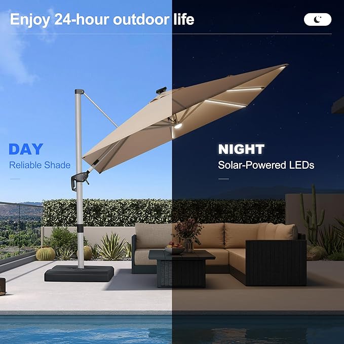 PURPLE LEAF Patio Umbrella with base 9 Feet Outdoor Square Cantilever Umbrella Solar Powered LED with 360-degree Rotation for Garden Deck Pool Patio, Beige