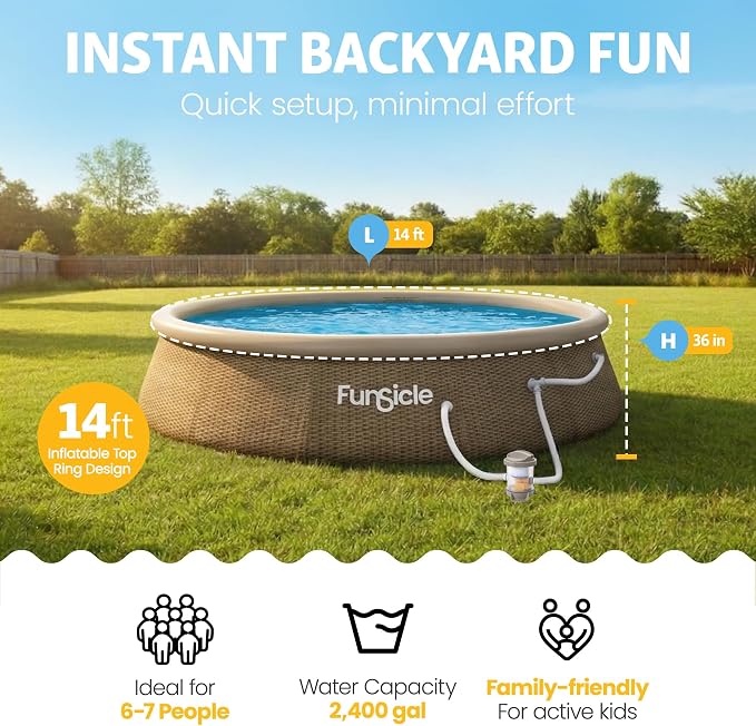 Funsicle Quickset Designer 14' x 36" Round Above Ground Swimming Pool, with FiltraBoost 800 GPH Filter Pump, Ladder, Type D Filter Cartridge & Repair Patch, Triple Basketweave