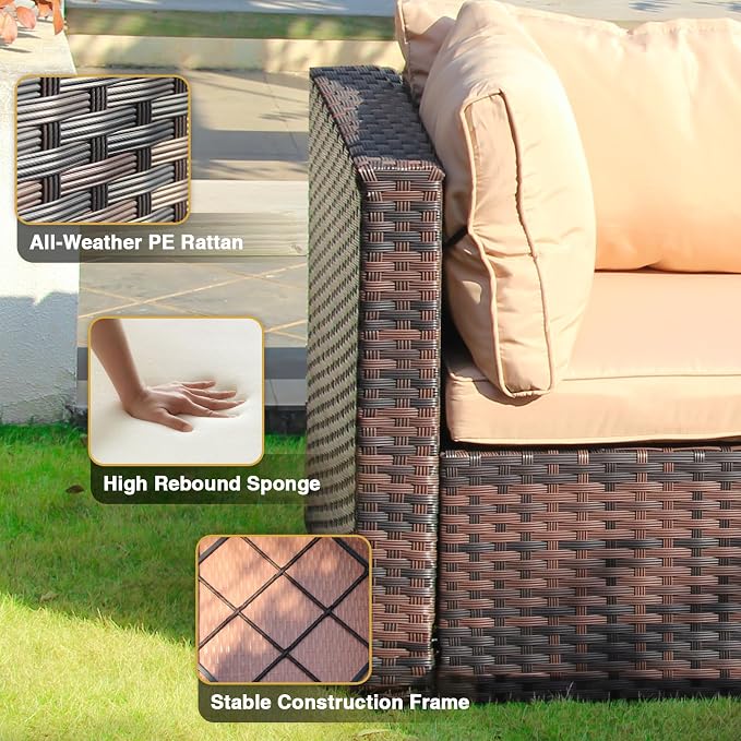 7 Pieces Patio Furniture Set with 44" Fire Pit Table, Rattan Outdoor Sectional Conversation Sets, All Weather Outdoor Furniture Set with Cushions for Garden Lawn Balcony Porch Deck Beige