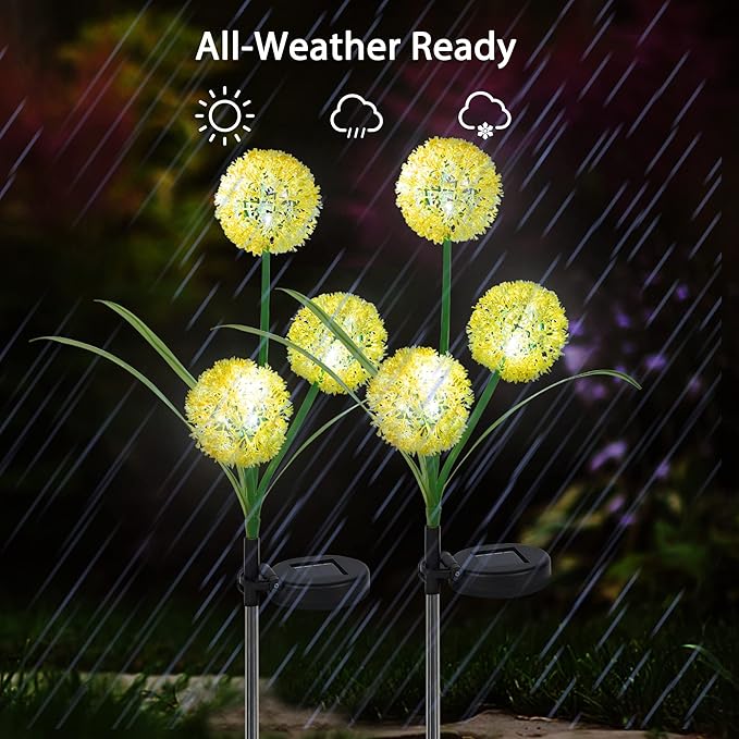 FORUP 2 Pack Solar Garden Stake Lights, Outdoor Solar Powered Lights in Dandelion Flower Design for Patio, Lawn, Garden, Yard Decoration, Yellow & White