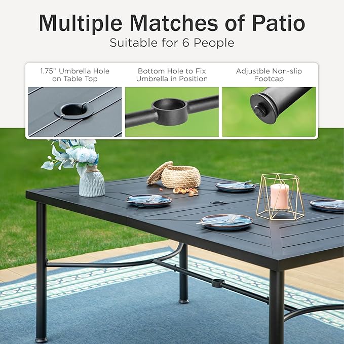 PHI VILLA 7 Piece Patio Dining Set, Outdoor Table and Chairs Furniture Dining Set with 6 Outdoor Swivel Dining Chairs and 1 Large Metal Table, Patio Set for Lawn Garden Deck, Padded Textilene