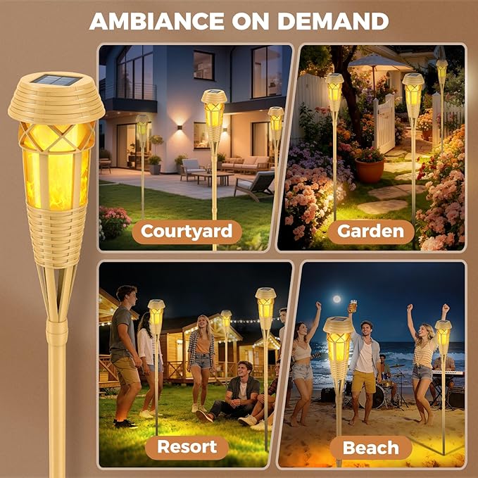 Solar Flickering Flame Torch Lights 4Pack - IP65 Waterproof Dusk to Dawn Auto On/Off, Outdoor Decorative Lights for Garden Yard