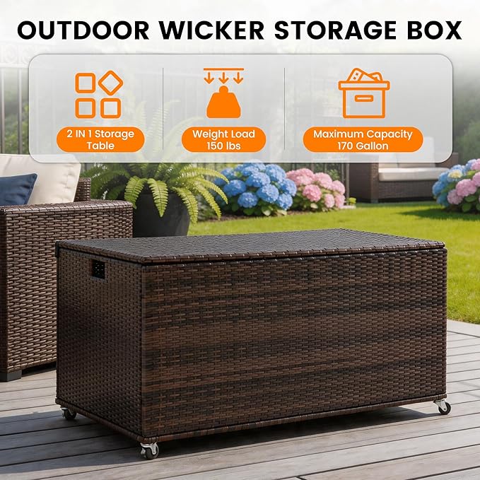 Outdoor 170 Gallon Water-Resistant Wicker Storage Box with Wheels, PE Rattan Deck Box with Waterproof Liner for Outside, Patio Storage Container with Hinged Lid, Horizontal Bin, Brown