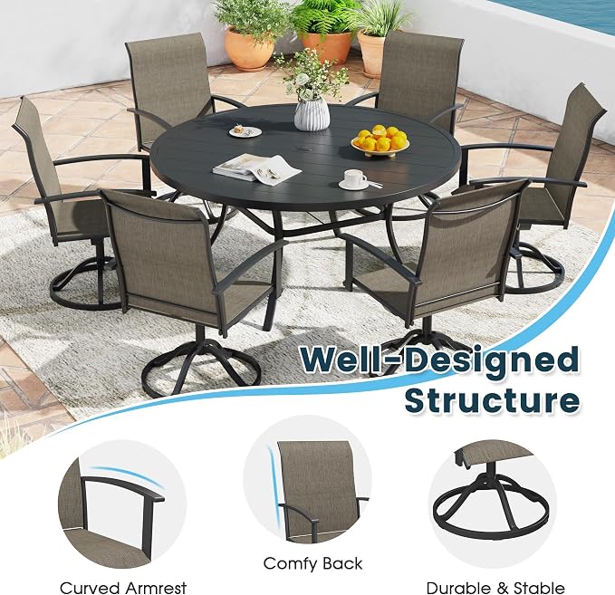 7 Pieces Outdoor Patio Dining Table Set, 50" All Weather Round Metal Table with Umbrella Hole and 6 High Back Textilene Swivel Chairs for Garden, Lawn, Poolside, Black Table & Brown Chairs