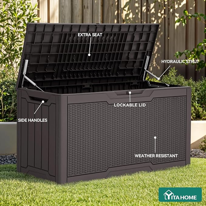 YITAHOME 80 Gallon Outdoor Storage Box, Large Water Resistant Resin Deck Box, Indoor Outdoor Lockable Rattan Storage Container for Patio, Garden, Cushions, Tools, Equipment (Dark Brown)