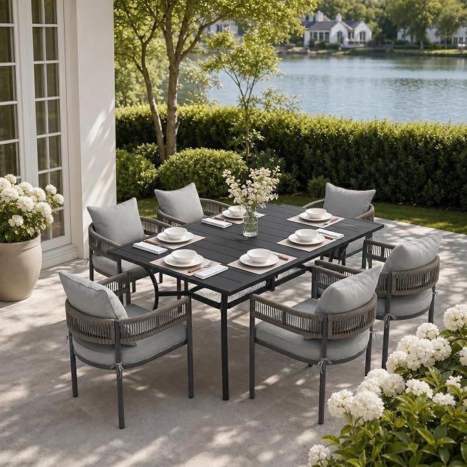 VICLLAX Patio Dining Set, 59.2" Black Table & 6 Chairs with Grey Cushion | Outdoor Table and Chairs Set of Rectangular Metal Patio Table, Outdoor Dining Chairs with Metal Frame, Garden Deck Porch