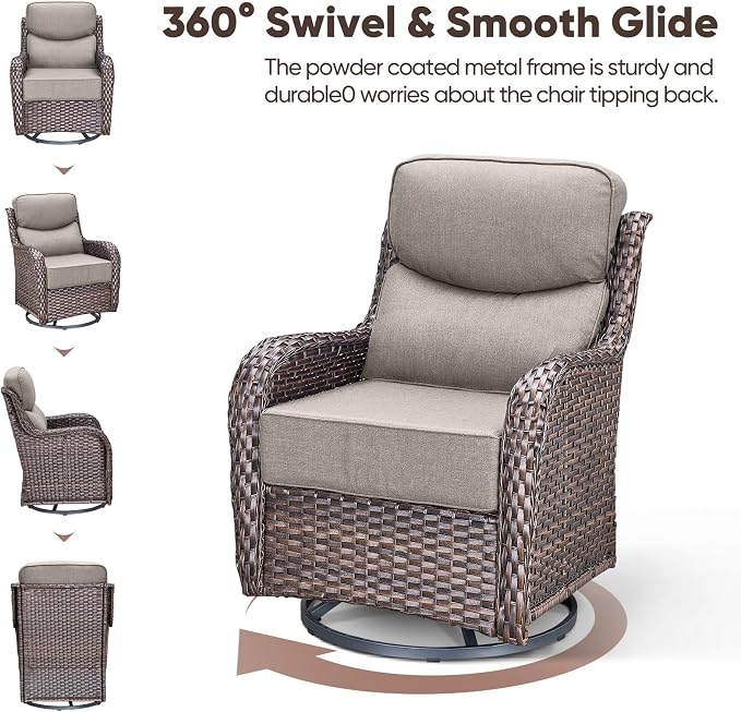 Swivel Patio Chairs sofa Set of 6 with 6" Thick Cushion - Wicker Outdoor Swivel Rocker Patio Chair ,Sofa/Glass coffee table, High Back Comfortable Outdoor Glider Chairs - Brown Wicker | Gery Cushions