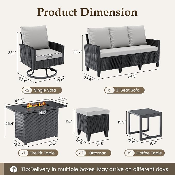 UDPATIO Patio Furniture Set with Fire Pit Table, 7 Pieces Outdoor Conversation Sets with Swivel Chairs and Ottomans, All-Weather Rattan Wicker Patio Sofa Couch for Backyard, Deck, Porch, Grey/Black