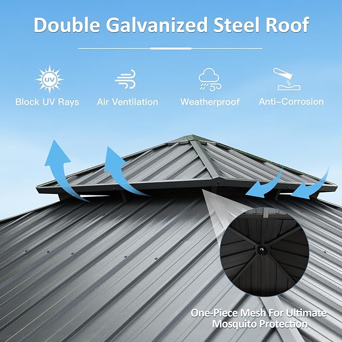 Domi 12' X 12' Hardtop Gazebo, Upgraded Metal Gazebo with Drainage System, Dual-Layer Galvanized Steel Roof, Curtain and Netting, Outdoor Shelter Canopy for Patio, Garden, and Backyard, Grey