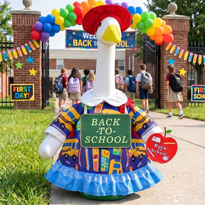 1 Set Back to School Porch Goose Outfit for 23 Inch Lawn Goose Statue | School-Themed Goose Clothes with Dress,Hat,Neck Sign,Apple Felt Sticker & Glue Dots for Patio,Yard,Classroom or Garden Decor