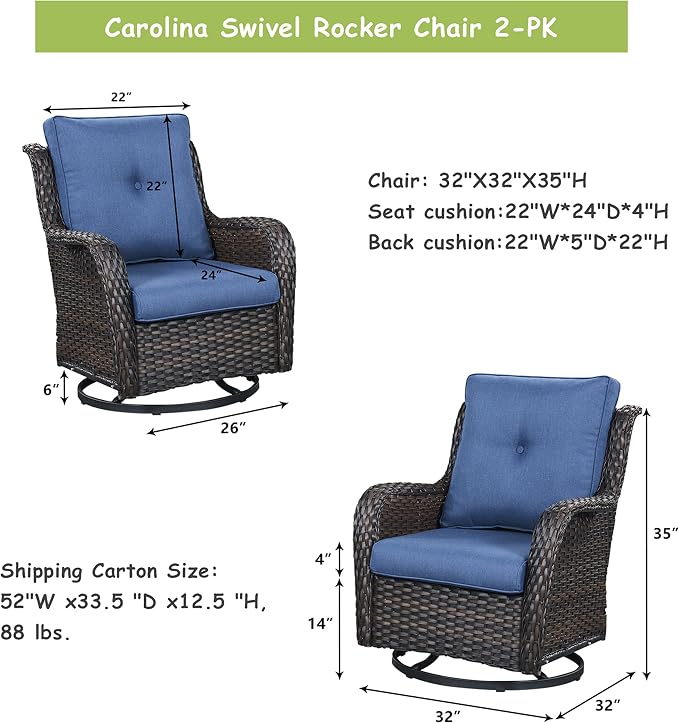 Rilyson Wicker Rocking Chair Swivel Chairs - 4 Piece Rocker Patio Chairs Set Rattan Rocking Chair for Outdoor Porch Deck Garden Backyard(Brown/Blue)