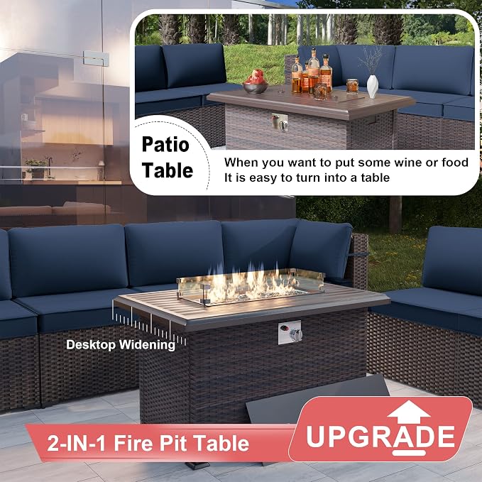 Kurapika 7 Pieces Patio Furniture Set, Rattan Wicker Outdoor Conversation Sets w/43in Propane Fire Pit Table and 4 Inch Cushion(Navy Blue)