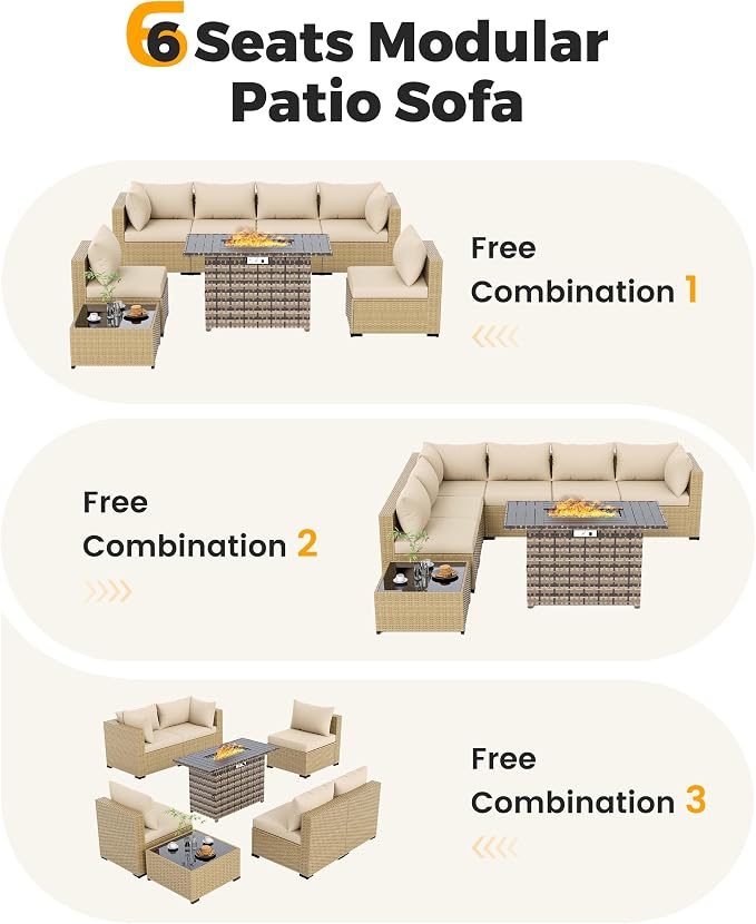 UDPATIO Patio Furniture Set with Fire Pit Table, 8 Piece Sectional Sofas All-Weather Wicker Conversation for Garden, Backyard, Beige