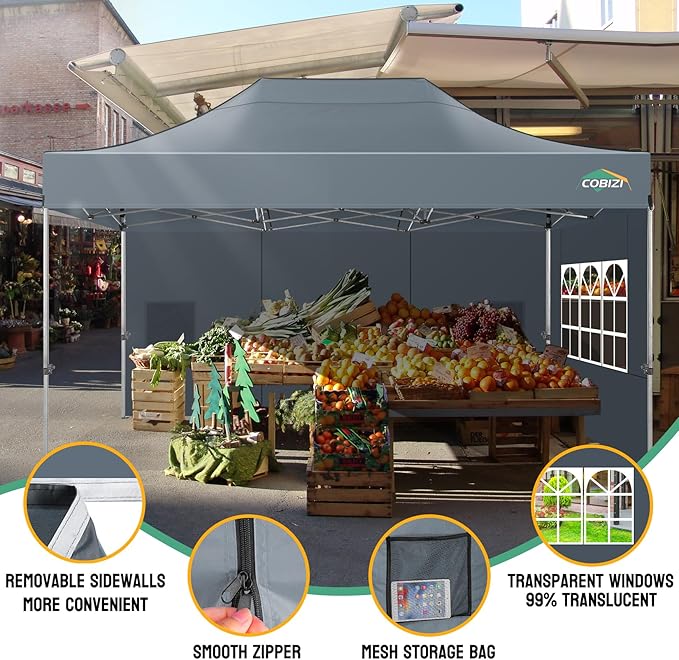 COBIZI 10x15 Pop up Canopy Tent Heavy Duty, Easy Set-up Commercial Outdoor Party Tent, 100% Waterproof Wedding Tents Gazebo, 3 Height Adjustable with Handbag, Gray