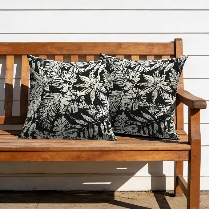 Outdoor Pillows with Insert 20x20 Inch, Waterproof Throw Pillow for Patio Furniture, Decorative Back Cushion for Garden Home Sofa Office Chair, Set of 2, Tropical Leaf Black