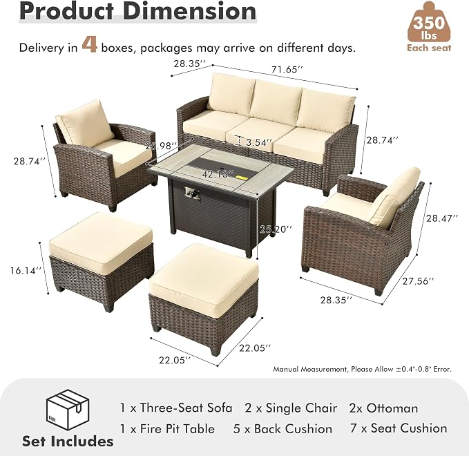 ovios 6 Pieces Patio Furniture Set, Outdoor Wicker Sofa Couch with 42" Fire Pit Table Comfy Cushions, All Weather Brown Rattan Conversation Set for Backyard Deck, Beige
