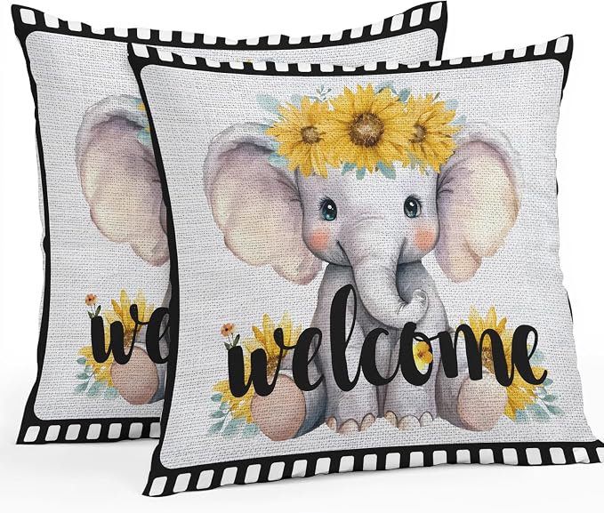 Cute Elephant Outdoor Pillow Covers 18x18 Inch Throw Pillow Covers Set of 2 Waterproof Decorative Pillow Cases Funny Sunflowers Animal Welcome Sign Linen Cushion Covers for Patio Furniture Garden