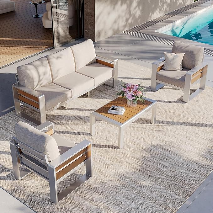 Aoxun Aluminum Patio Furniture Set, 5 Seats Luxury Metal Patio Conversation Sets with Coffee Table, 6'' Thick Cushions and 3-Seat Sofa, Sectional Outdoor Furniture Set for Backyard/Poolside, Beige