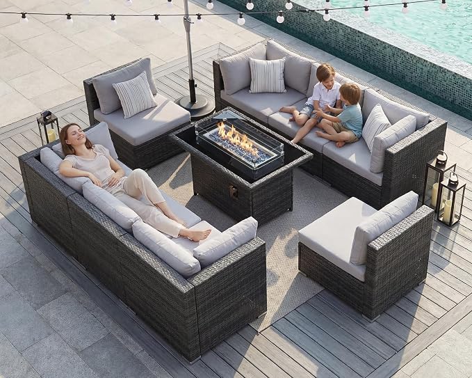 BULEXYARD 9 Piece High Back Outdoor Sectional Seating with Fire Pit Table, Heavy Duty Sturdy Wicker Patio Set Conversation Couch Sofa, Extra Wide Deep Large 8-Person Deck Furniture Set, Light Grey