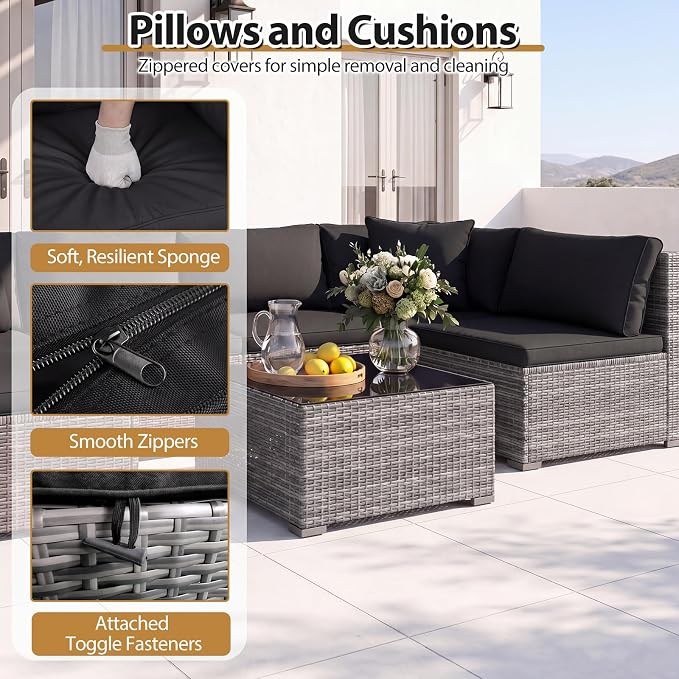 DORTALA 7 Pieces PE Rattan Patio Furniture Set, All-Weather Wicker Conversation Set W/Soft Cushions & Pillows, Coffee Table, Outdoor Sectional Sofa Set for Balcony, Poolside, Backyard, Black