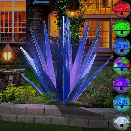 KODIBO Large Metal Agave Plant Outdoor Decor with Solar Light, Dark Blue | IP65 Waterproof Solar Light, Rust-Resistant Metal,Tequila Rustic Sculpture, Outdoor Garden Decor, Gifts for Garden Lovers