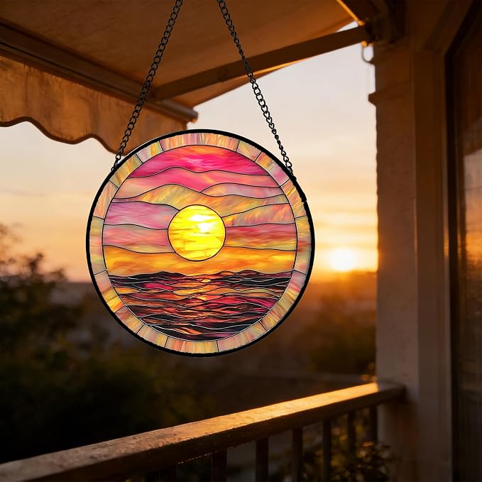 DASTOLL Stained Glass Window Hanging, Sunrise Sea Surface Sun Catchers Diamond Glass Panel Hangings Abstract Suncatcher Decor for Birthday for Women, Men, Wife, Aunt, and Mom 11.8 in