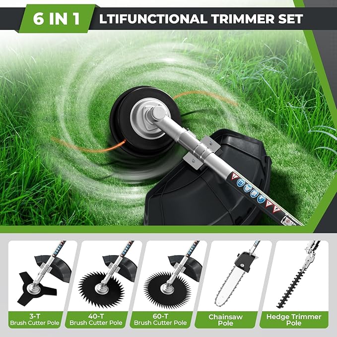 6-in-1 Multi-Functional Gas Powered Weed Wacker, 52CC 2-Stroke Gas Weed Eater String Trimmer, Hedge Trimmer, Pole Saw, Brush Cutter Blade, Safety Lock & Shoulder Strap for Garden, Yard