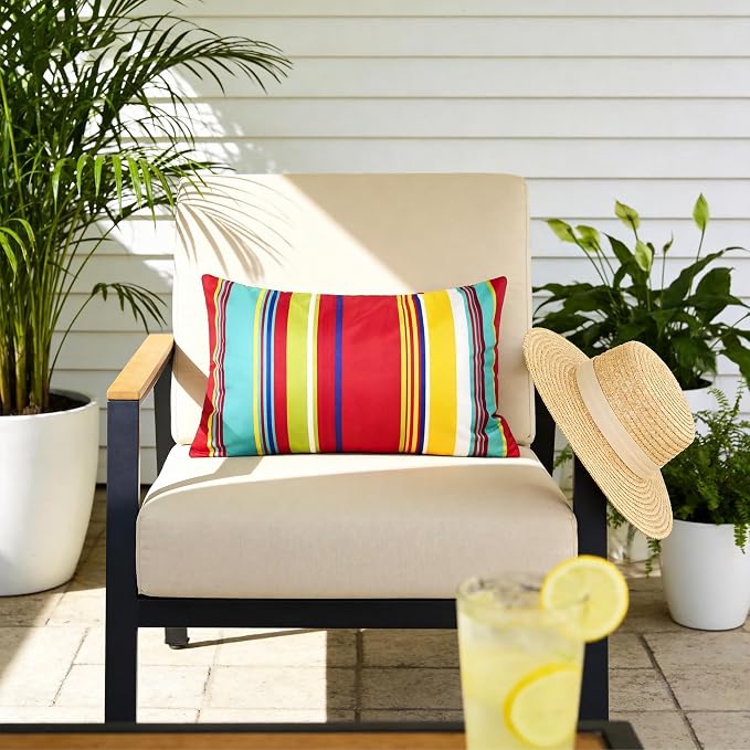 Waterproof Outdoor Pillow Covers 12x20 Inch Set of 2, Orange and Red Stripe Decorative Colorful Throw Pillow Cover, Modern Farmhouse Cushion Cases for Patio Garden Porch Balcony Couch Sofa