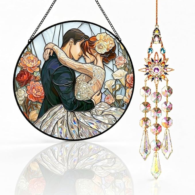 Statement Deluxe Bundle | Stained Glass Window Hanging, Love Heart 3D Embossed Diamond Glass Suncatcher, 7-Piece Romantic Gift Set with Crystal Pendant & Invisible Hooks
