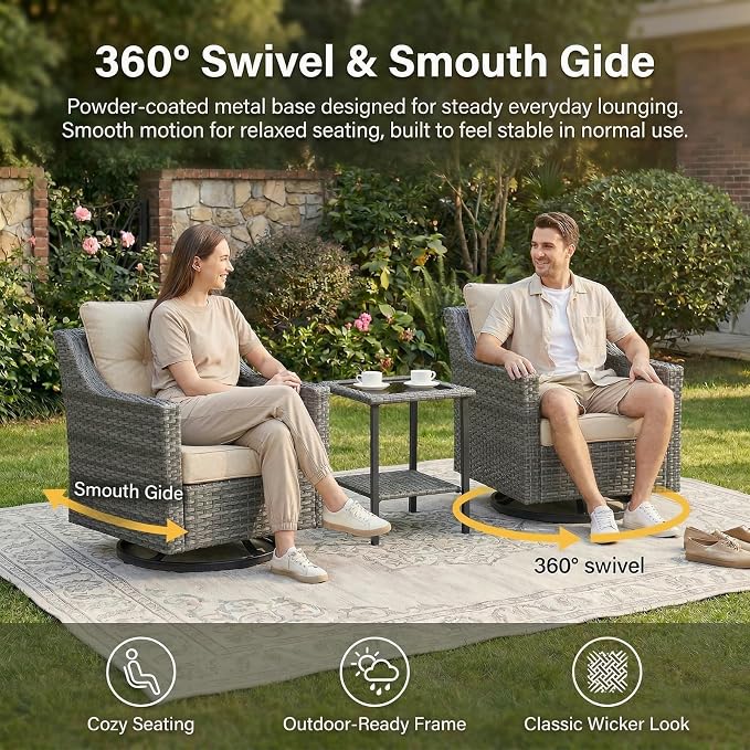 6-Piece Outdoor Patio Furniture Set, Grey Wicker Conversation Set with 2 Sofas, 2 Swivel Chairs, Side Table and Rectangular 60,000 BTU Fire Pit Table, Beige Cushions