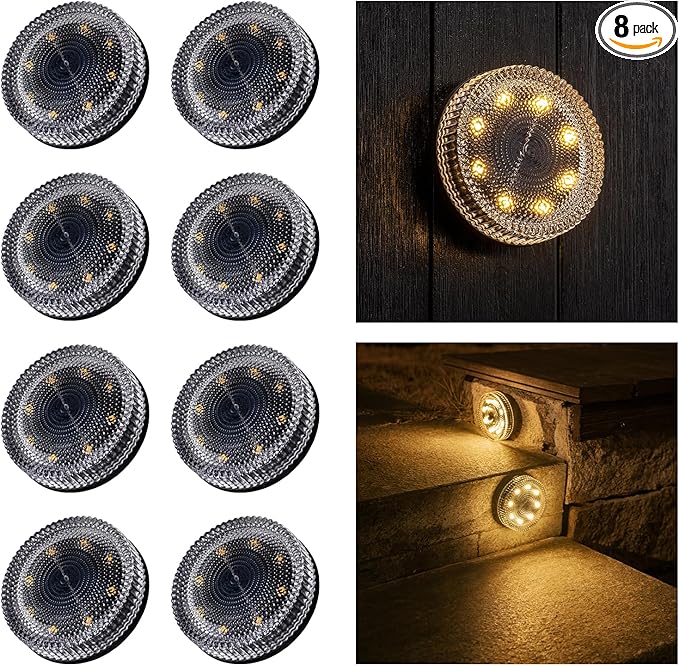Glass Solar Step Lights with Bubble Style, Modular-Design Waterproof Outdoor Fence Lights for Stairs Step Yard Patio Garden Wall Pathway, Decorative Patio Table Lighting, Warm White (8 Pack)