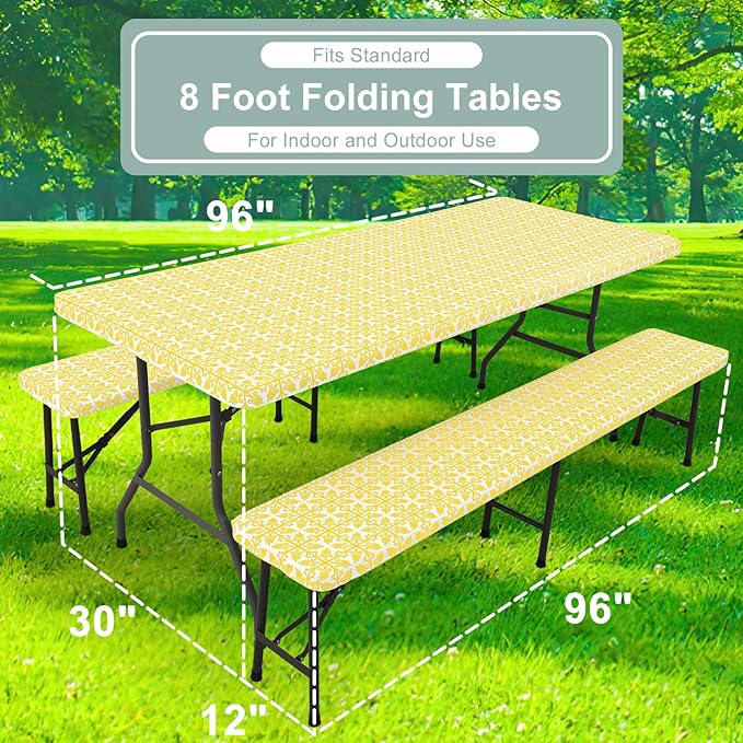 misaya Picnic Table Cover with Bench Cover, Waterproof Elastic Fitted Tablecloth for 8 Foot Tables, Rectangle Washable Polyester Tablecloths for Picnic, Camping, Outdoor (Yellow, 30" x 96")