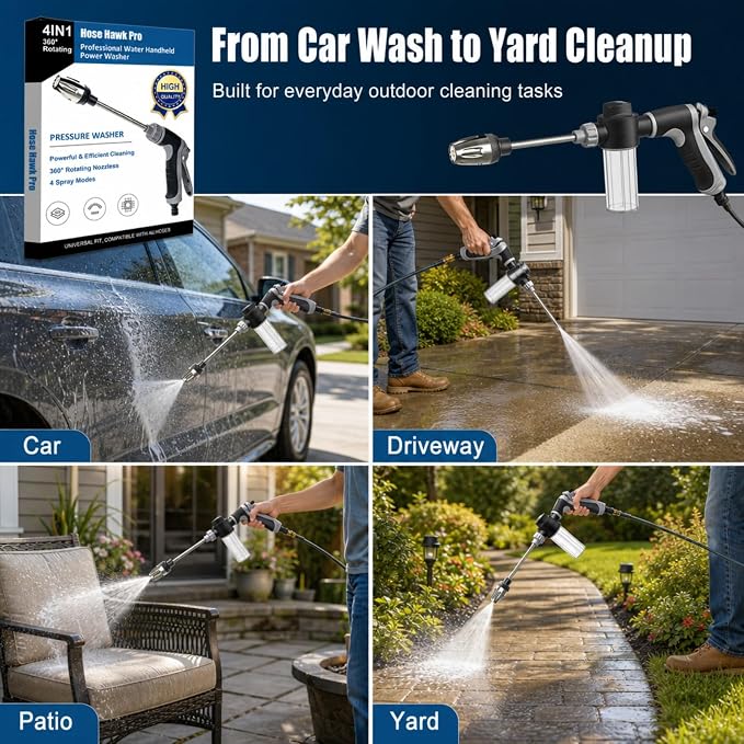 Hose Hawk Pro Pressure Washer Gun Professional Water Handheld Power Washer Gun with 360° Rotating Nozzless, 4 Spray Modes Multi Function for Cleaning Yard Car Driveways (SetA)