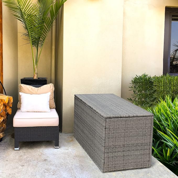 Giantex Rattan Deck Box Outdoor&Indoor 88 Gallon Wicker Storage Box W/Separate Storage Shelf, Openable Door and Tools Storage for Patio,Garden, Balcony, Porch, Yard Rattan Storage Box (Gray)