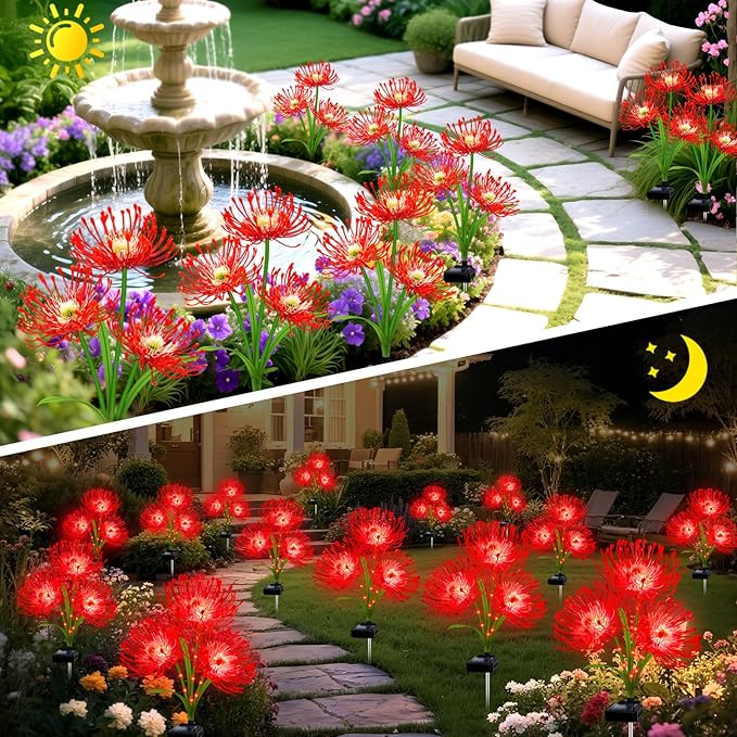 Solar Garden Flower Lights Outdoor, 4 Pack Red Spider Lily with Glowing Stems, Waterproof LED Yard Lawn Pathway Decor, Elegant Patio Garden Decoration, for Mom, Grandma, Women