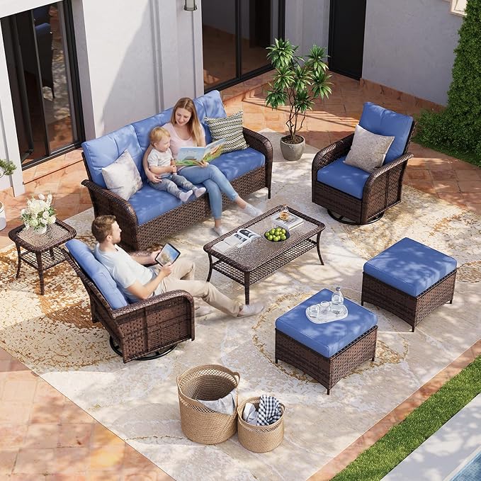 Aoxun Luxury 7-Piece Patio Furniture Set, 360° Swivel Chairs, Wicker Rattan Sofa with Thick Cushion, Outdoor Conversation Set for Backyard, Poolside & Garden, Brown/Navy Blue