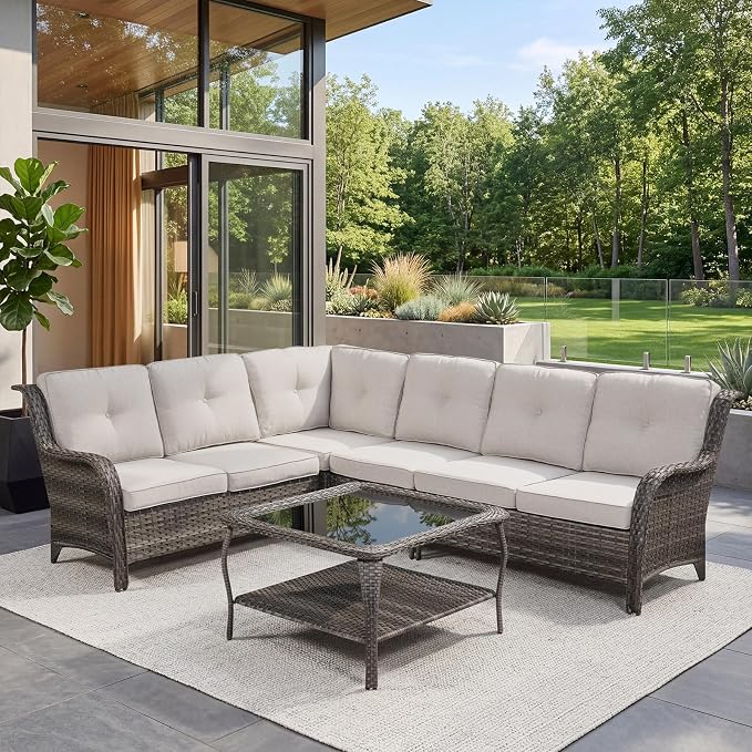 Belord Patio Furniture Set 6 Seats, Oversized Outdoor Sectional Couch, Two 3-Seater Sofas with Coffee Table, Patio Conversation Sets,Ideal for Porch, Deck, Mixed Grey Wicker/Beige Cushion