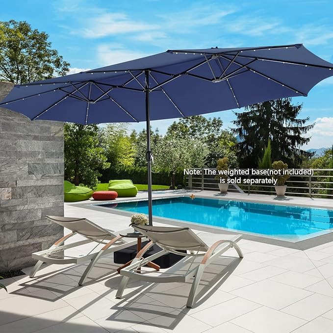 15ft Large Patio Umbrella with 3 Solar panels, 48 Solar LED Lights Base NOT Included, Outdoor Double-Sided Rectangle Market Umbrella with Crank Handle, Perfect for Pool, Lawn, and Garden (Pole Diameter 1.9 inch)