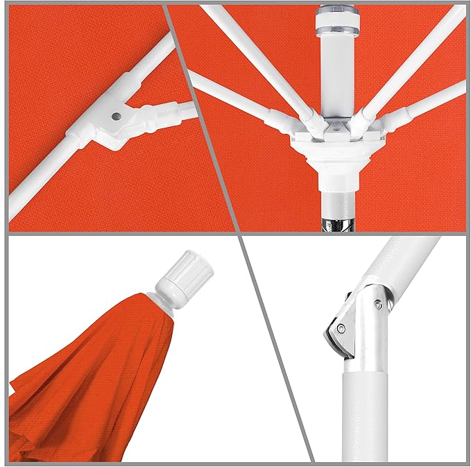 California Umbrella 9' Round Aluminum Pole Fiberglass Rib Patio Umbrella, Crank Lift, Collar Tilt, White Finish, Sunset Olefin