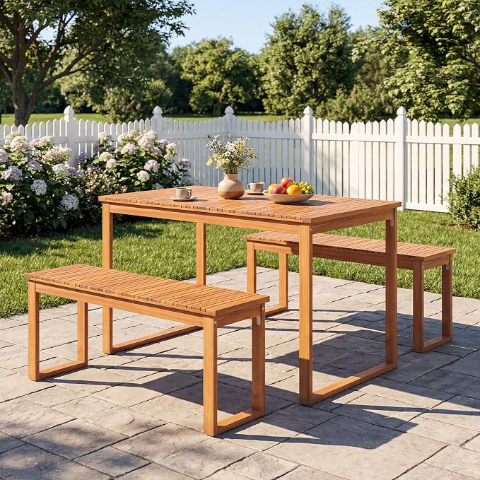 Tangkula 3 Pieces Patio Wooden Dining Set, Acacia Wood Rectangular Picnic Beer Table with 2 Benches for 4 People, Outdoor Dinner Furniture Set for Backyard, Garden and Poolside